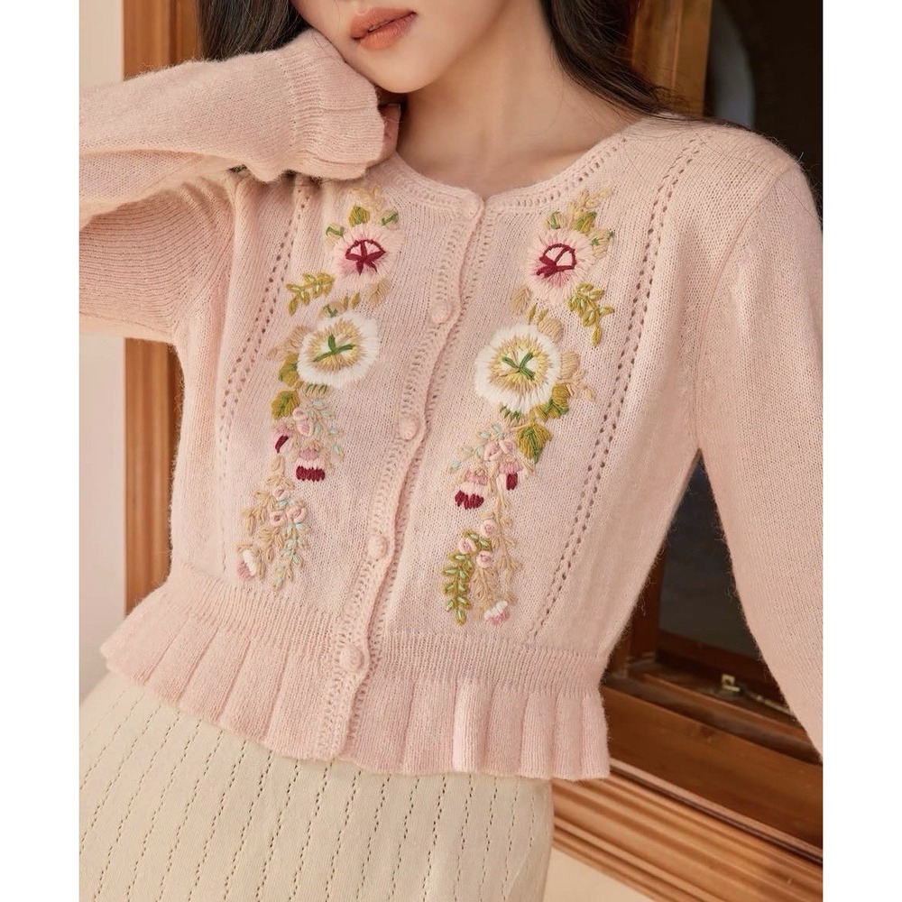 Vintage 90s Susan Bristol Cardigan Sweater Hand Embroidered Womens Small Pink